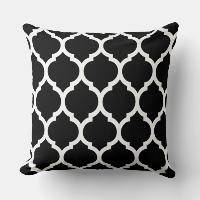 Black White Moroccan lattice Quatrefoil Pattern Cushion (Front)