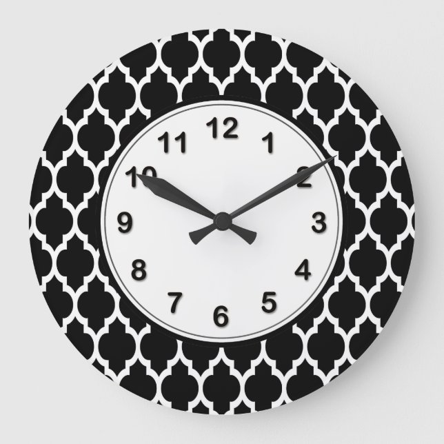 Black White Moroccan Quatrefoil Pattern #4 Large Clock (Front)