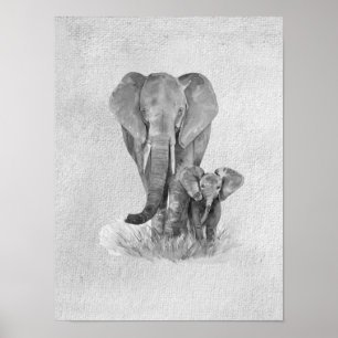 Black & White Mother & Baby Elephant Poster