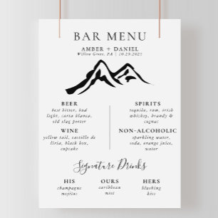 Black White Mountain Calligraphy Wedding Bar Menu Poster