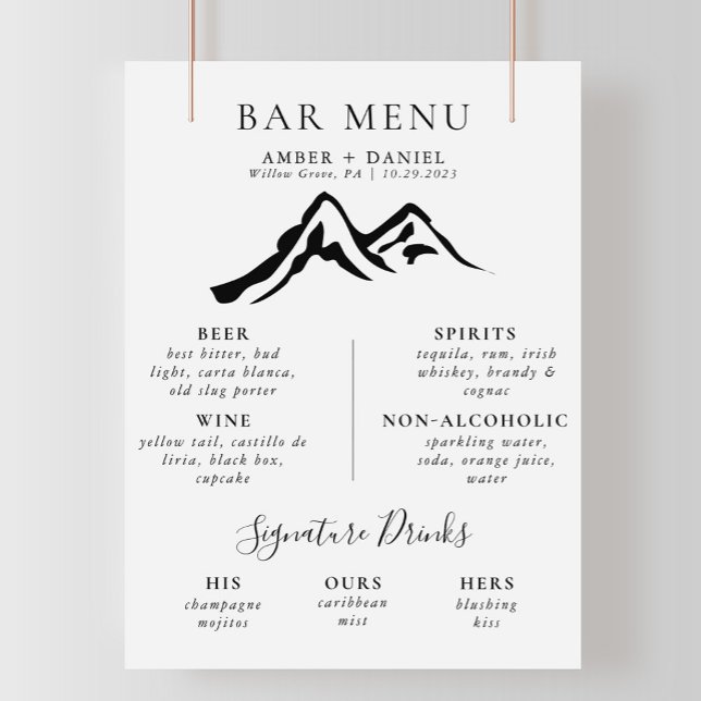 Black White Mountain Calligraphy Wedding Bar Menu Poster (Creator Uploaded)