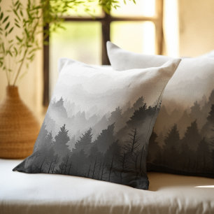 Black & White Mountain Forest Landscape Minimalist Cushion