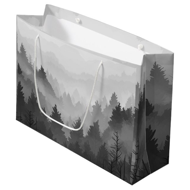 Black & White Mountain Forest Landscape Minimalist Large Gift Bag (Front Angled)