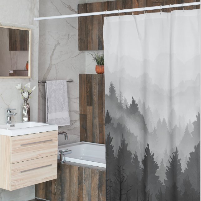 Black & White Mountain Forest Landscape Minimalist Shower Curtain (Creator Uploaded)