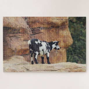 Black & White Mountain Goat on Rocks Jigsaw Puzzle
