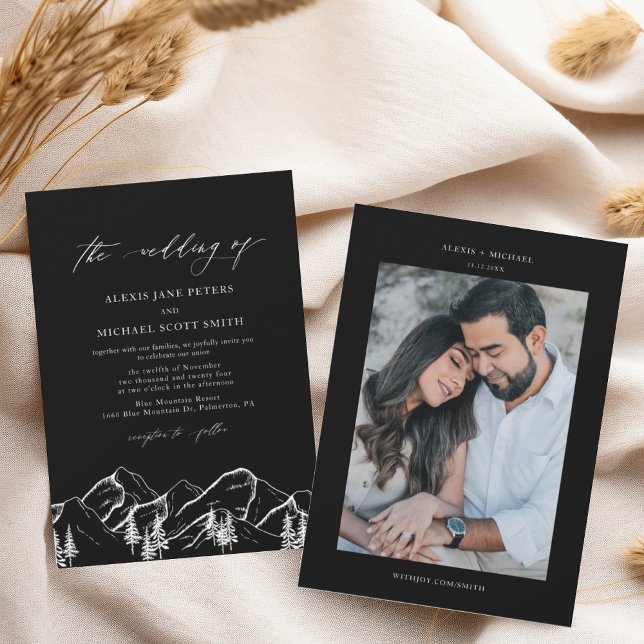 Black + White Mountains Outdoor Pine Tree Wedding Invitation (Creator Uploaded)