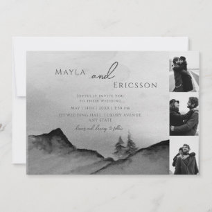 Black White Mountains Pine Trees 3 Photos Wedding Invitation