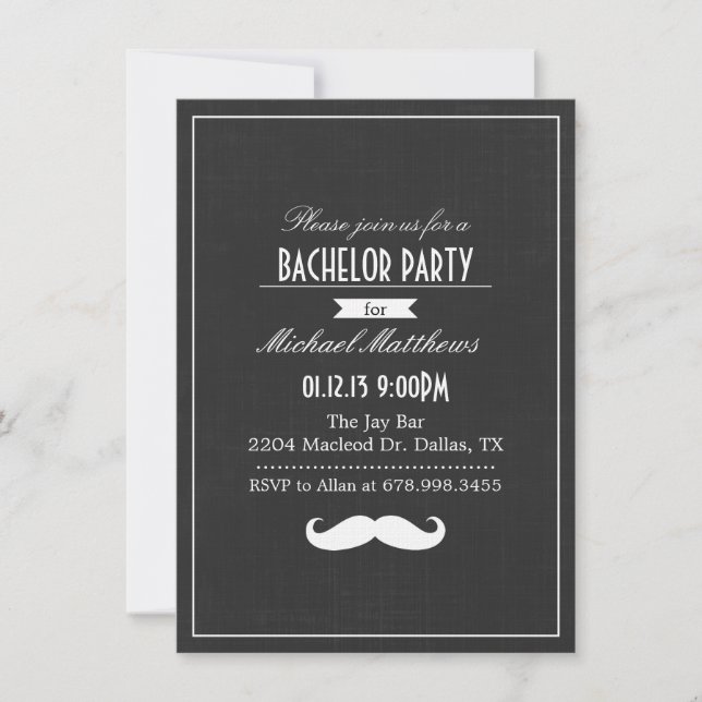 Black & White Moustache Bachelor Party Invitation (Front)
