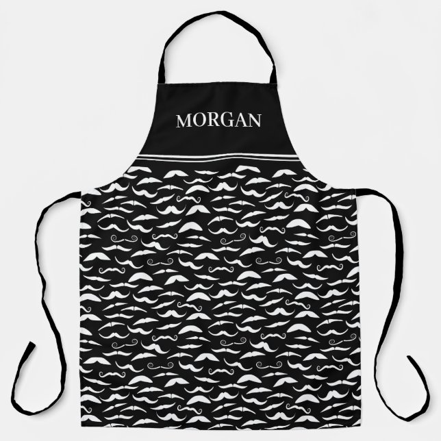 Black White Moustache Pattern Barber Apron (Front)