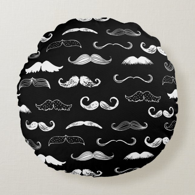 Black & White Moustache Seamless Repeat Background Round Cushion (Front)
