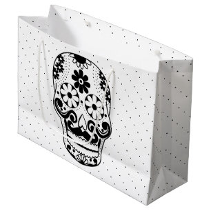 Black & White Moustache Sugar Skull Black Dots Large Gift Bag