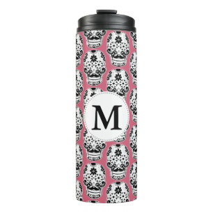 Black & White Moustached Sugar Skull Monogram Thermal Tumbler