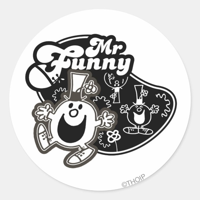 Black & White Mr. Funny Classic Round Sticker (Front)