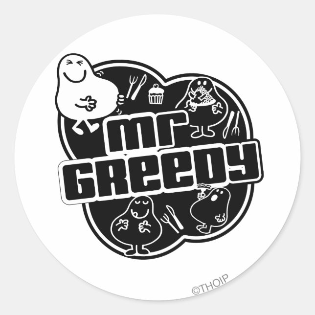 Black & White Mr. Greedy Classic Round Sticker (Front)