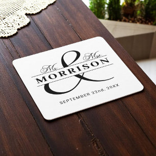 Black White Mr Mrs Monogram Wedding  Square Paper Coaster
