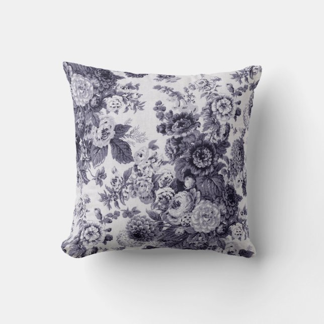 Black White Mulberry Blue Purple Tone Floral Toile Cushion (Front)