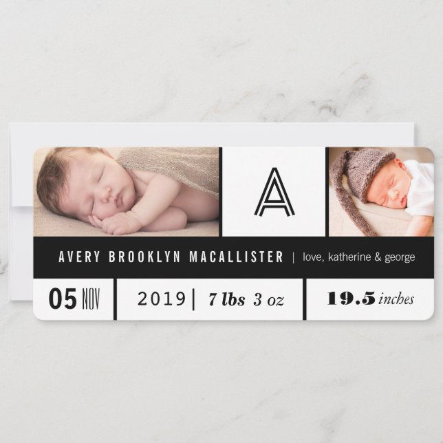 Black & White Multi Grid Baby Stats 2 Photo Birth Announcement (Front)