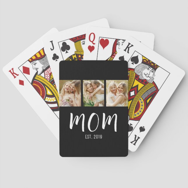 Black White Mum Established Script 3 Photo Elegant Playing Cards (Back)