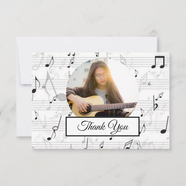 Black White Music Note  Pattern  Musician Photo Thank You Card (Front)