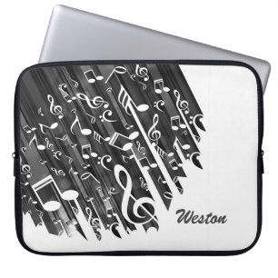 Black-White Music Notes and Custom Monogram Laptop Sleeve
