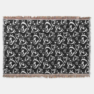 Black White Music Notes Bass Treble Clef Hearts Throw Blanket