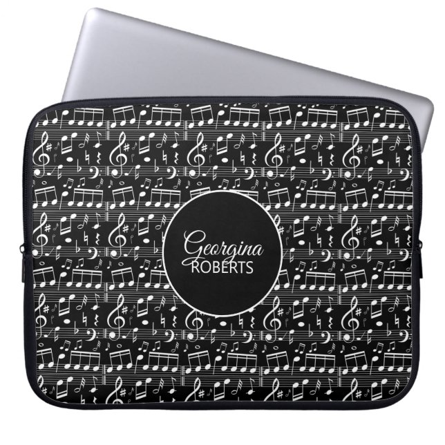 Black-White Music Notes Pattern and Customisation Laptop Sleeve (Front)