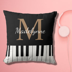 Black White Music Theme Piano Keyboard Monogram Cushion