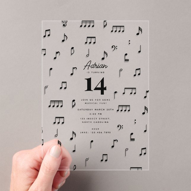 Black & White Musical Notes Symbol Birthday Party Acrylic Invitations (Insitu (Handheld))