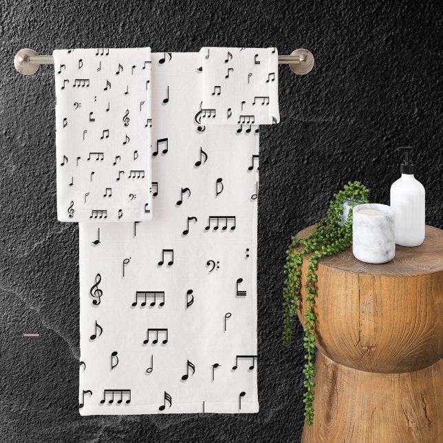 Black & White Musical Notes Symbol Pattern Bath Towel Set (Creator Uploaded)