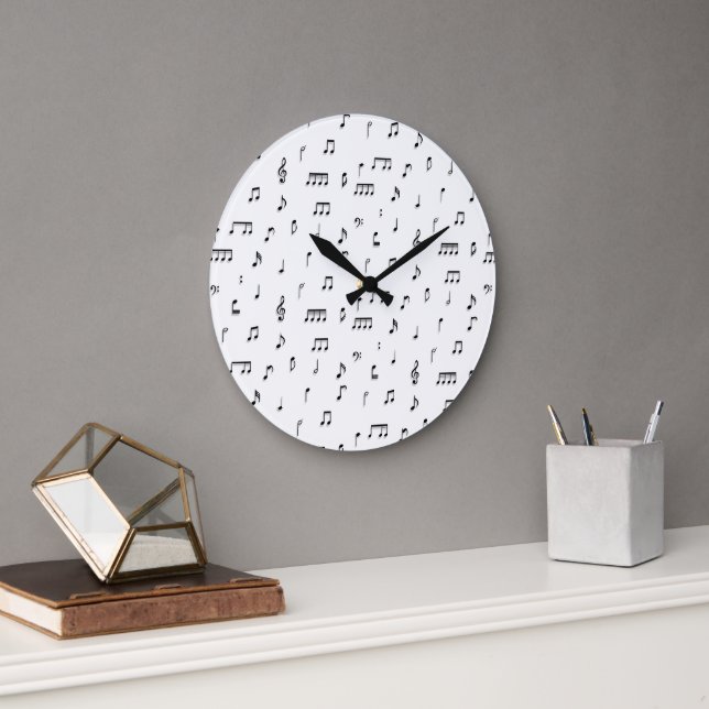 Black & White Musical Notes Symbol Pattern Large Clock (Office)