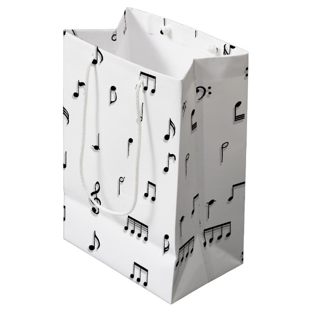 Black & White Musical Notes Symbol Pattern Medium Gift Bag (Front Angled)