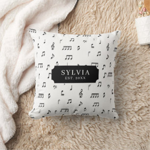 Black & White Musical Notes Symbol Pattern Name Cushion