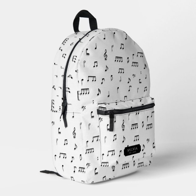 Black & White Musical Notes Symbol Pattern Name Printed Backpack (Back Corner Left)