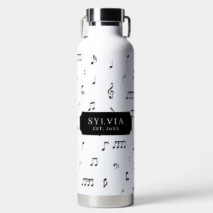 Black & White Musical Notes Symbol Pattern Name Water Bottle