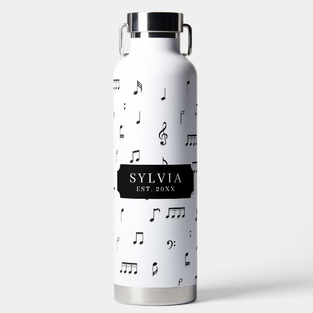 Black & White Musical Notes Symbol Pattern Name Water Bottle (Front)