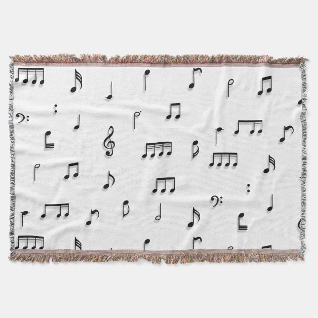 Black & White Musical Notes Symbol Pattern Throw Blanket (Front)