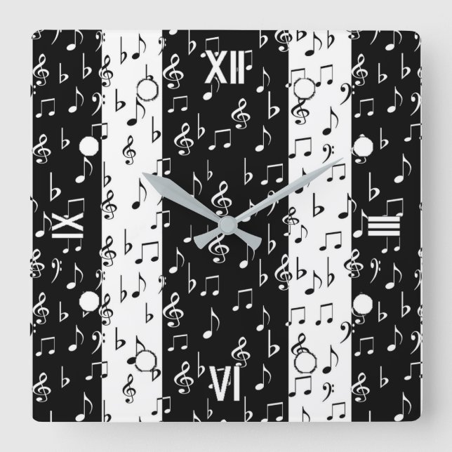 Black & White Musical Stripes Wall Clock (Front)