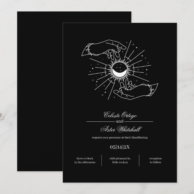 Black & White Mystical Hands Celestial Handfasting Invitation (Front/Back)