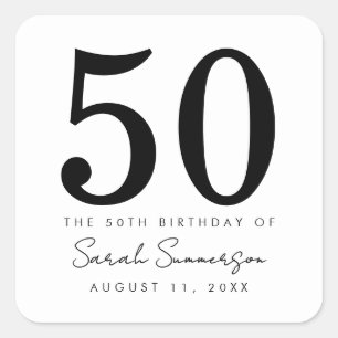 Black White Name Date Fifty 50th Birthday Party Square Sticker