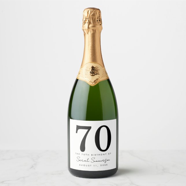 Black White Name Date Seventy 70th Birthday Party Sparkling Wine Label (Front)