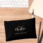 Black white name monogram initials accessory pouch<br><div class="desc">Black background,  white and golden text. 
Personalise and add your first name,  monogram initials and full name.</div>