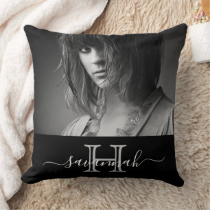 Black white name monogram photo cushion