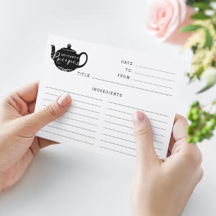 Black & White Name Monogram Tea Pot Recipe Card