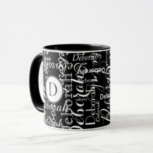 black white name pattern with monogram mug
