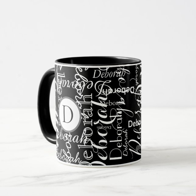 black white name pattern with monogram mug (Front Left)