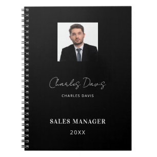 Black white name signature photo business notebook
