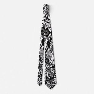 Black White Neck Tie - Floral Art