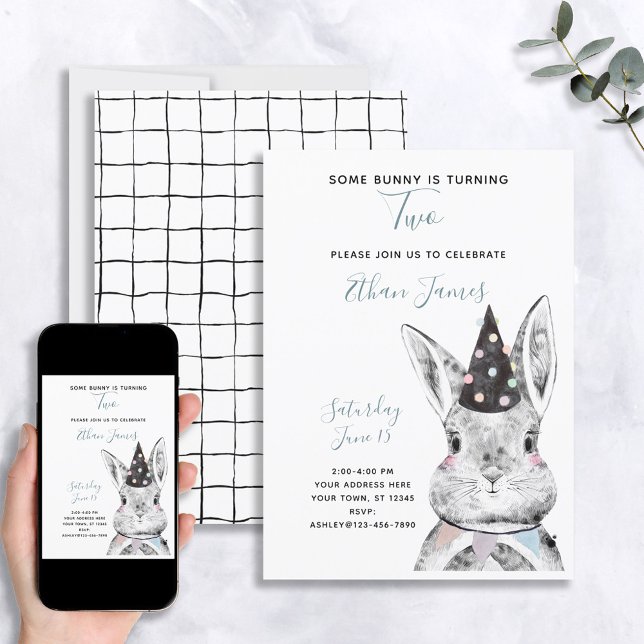Black & White Neutral Some Bunny is Two Birthday Invitation (Creator Uploaded)