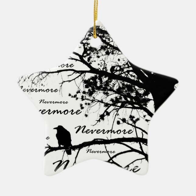 Black & White Nevermore Raven Silhouette Ceramic Ornament (Front)