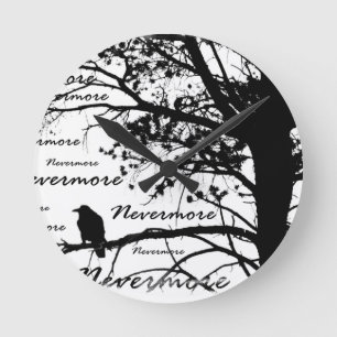 Black & White Nevermore Raven Silhouette Round Clock